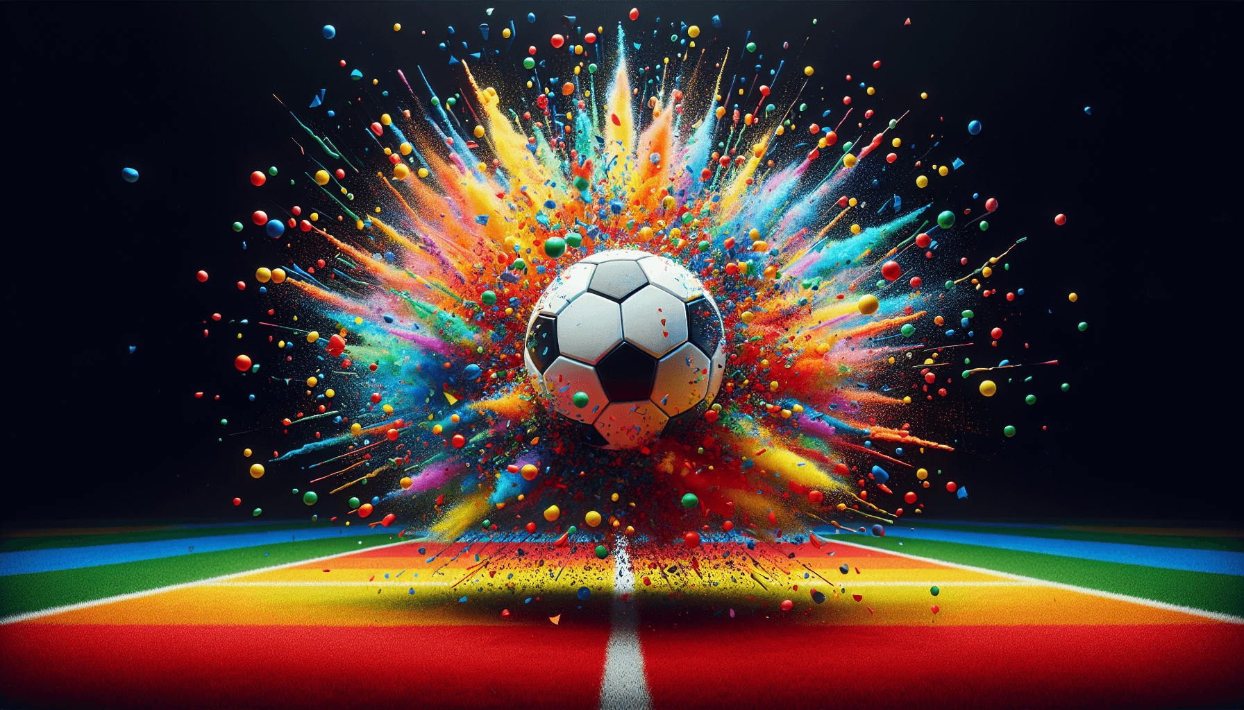 Pallone da calcio che esplode in coriandoli su un campo colorato