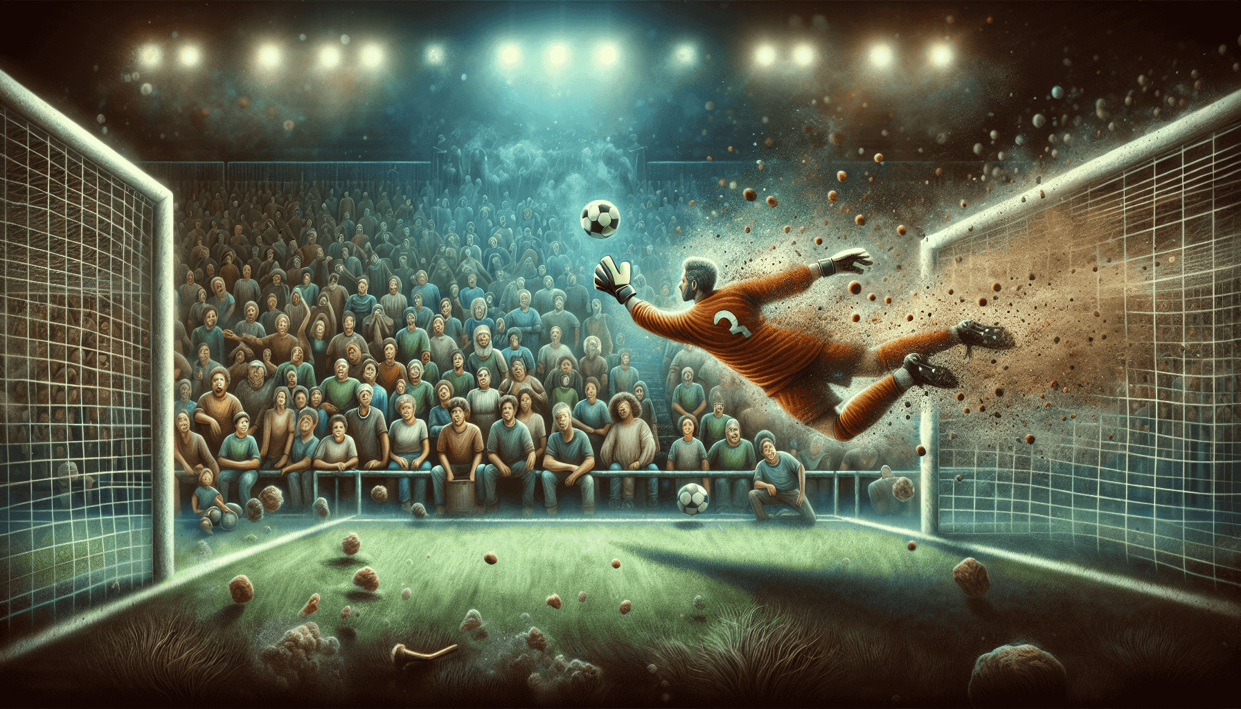 Portiere che si tuffa per parare un rigore in un gioco di calcio stravagante