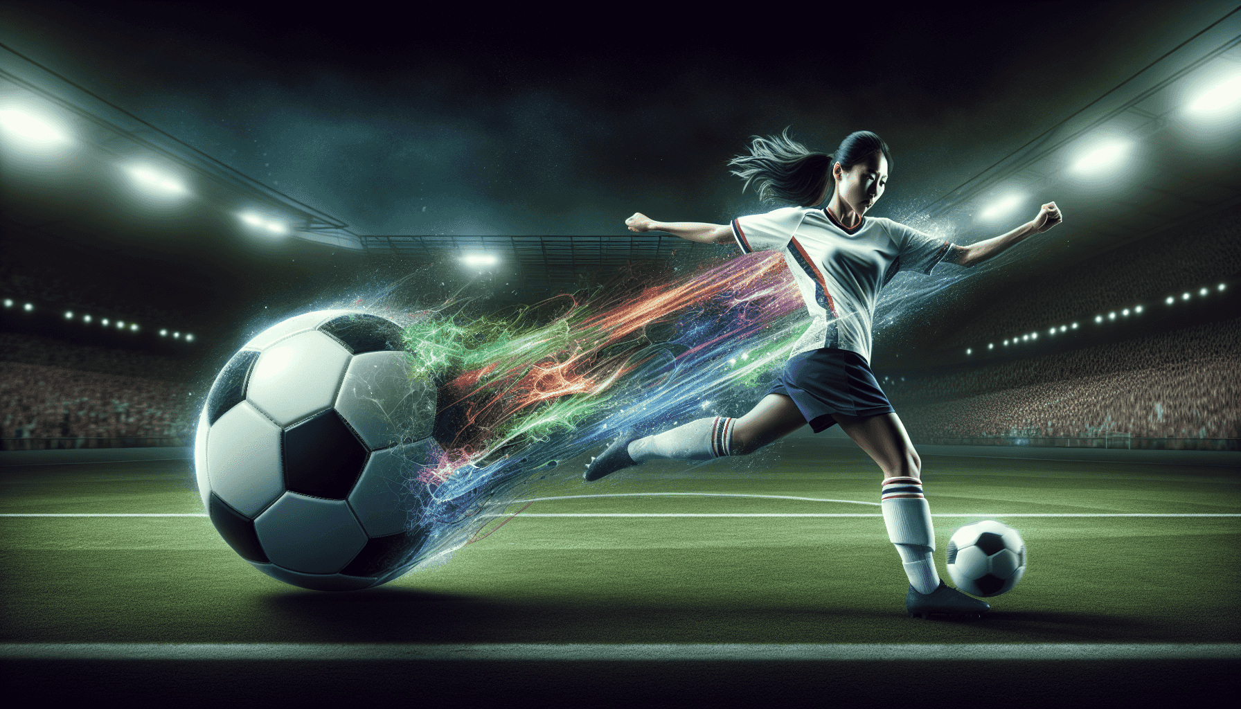 Attaccante che calcia un pallone da calcio con una scia arcobaleno