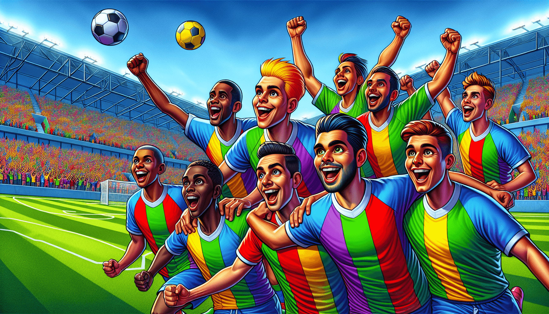 Campo da calcio colorato con giocatori che festeggiano un gol