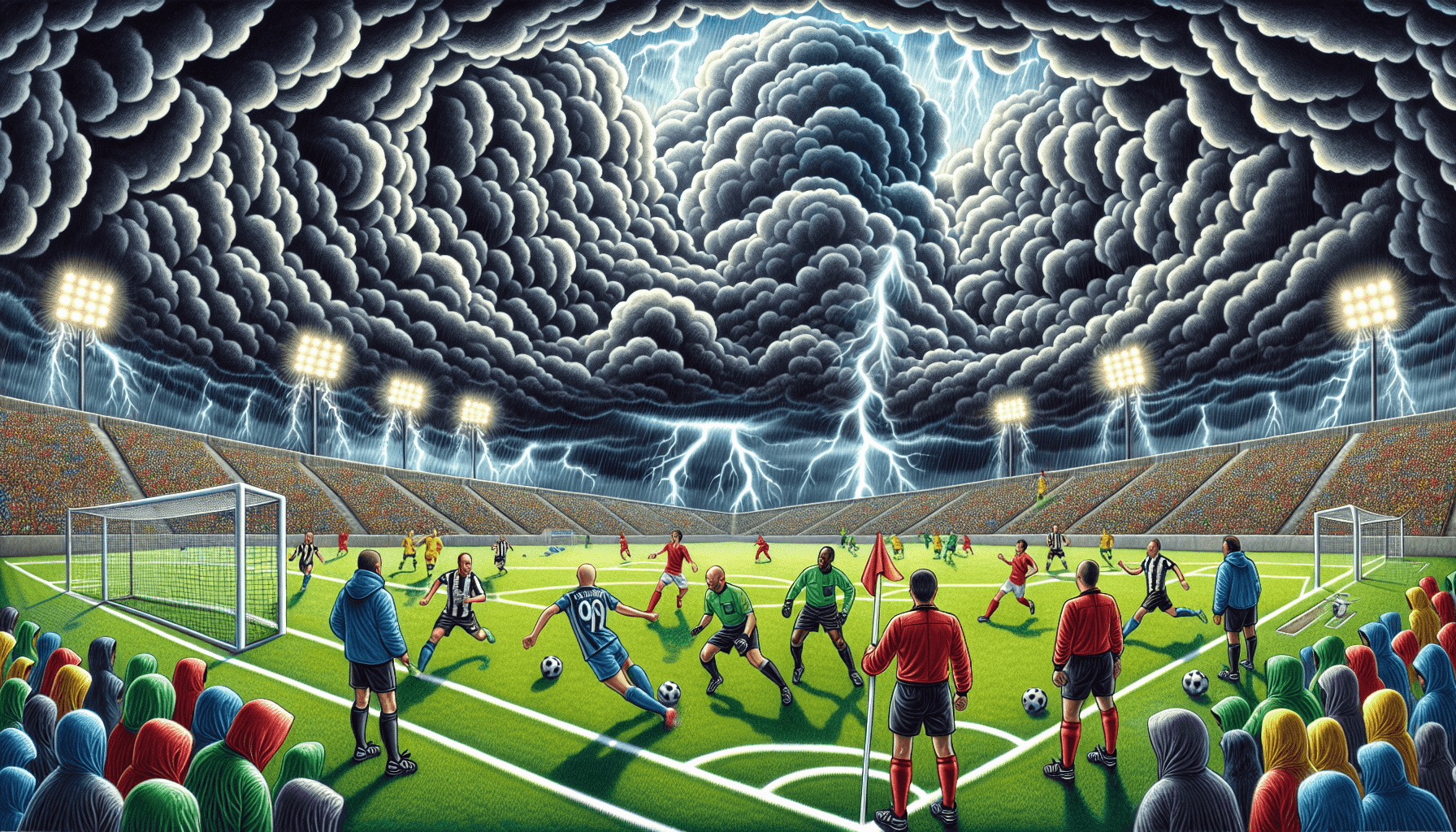 Tempesta cartoonesca che influenza una partita di calcio